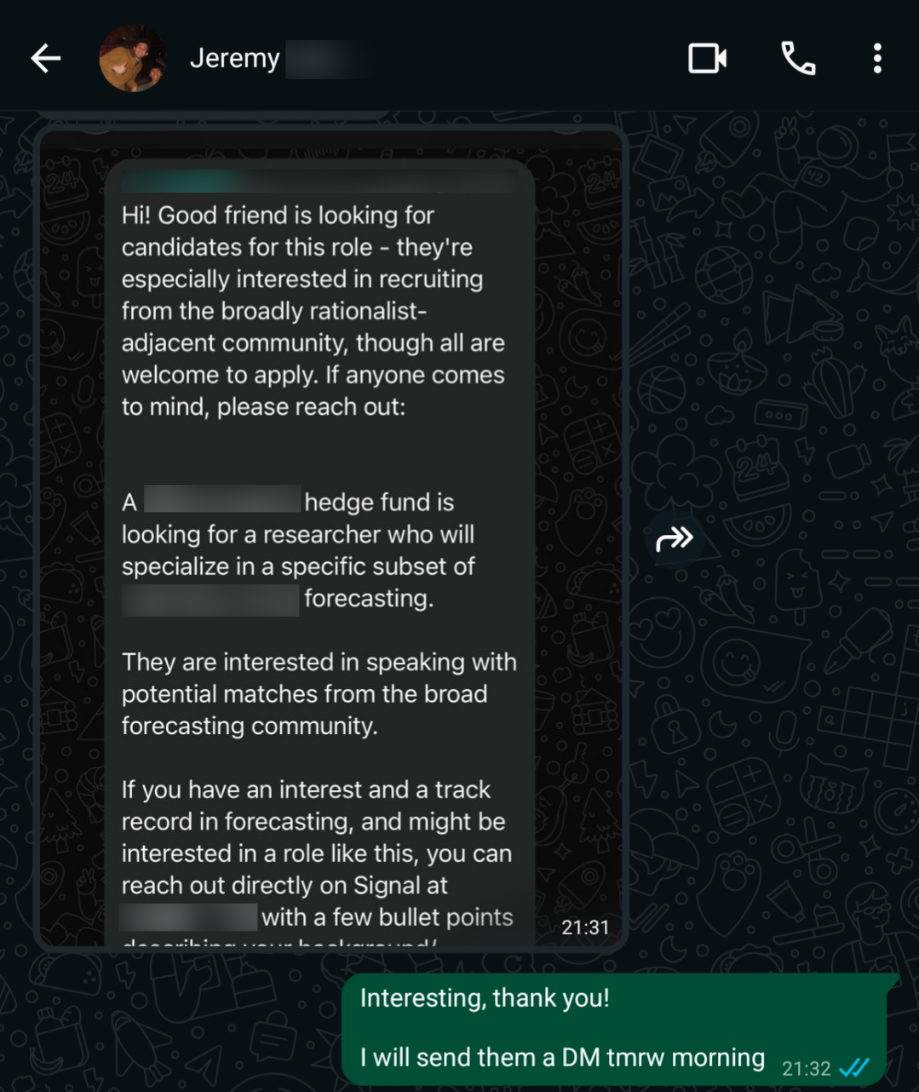 An actual, redacted WhatsApp exchange about a hedge-fund forecasting role.
